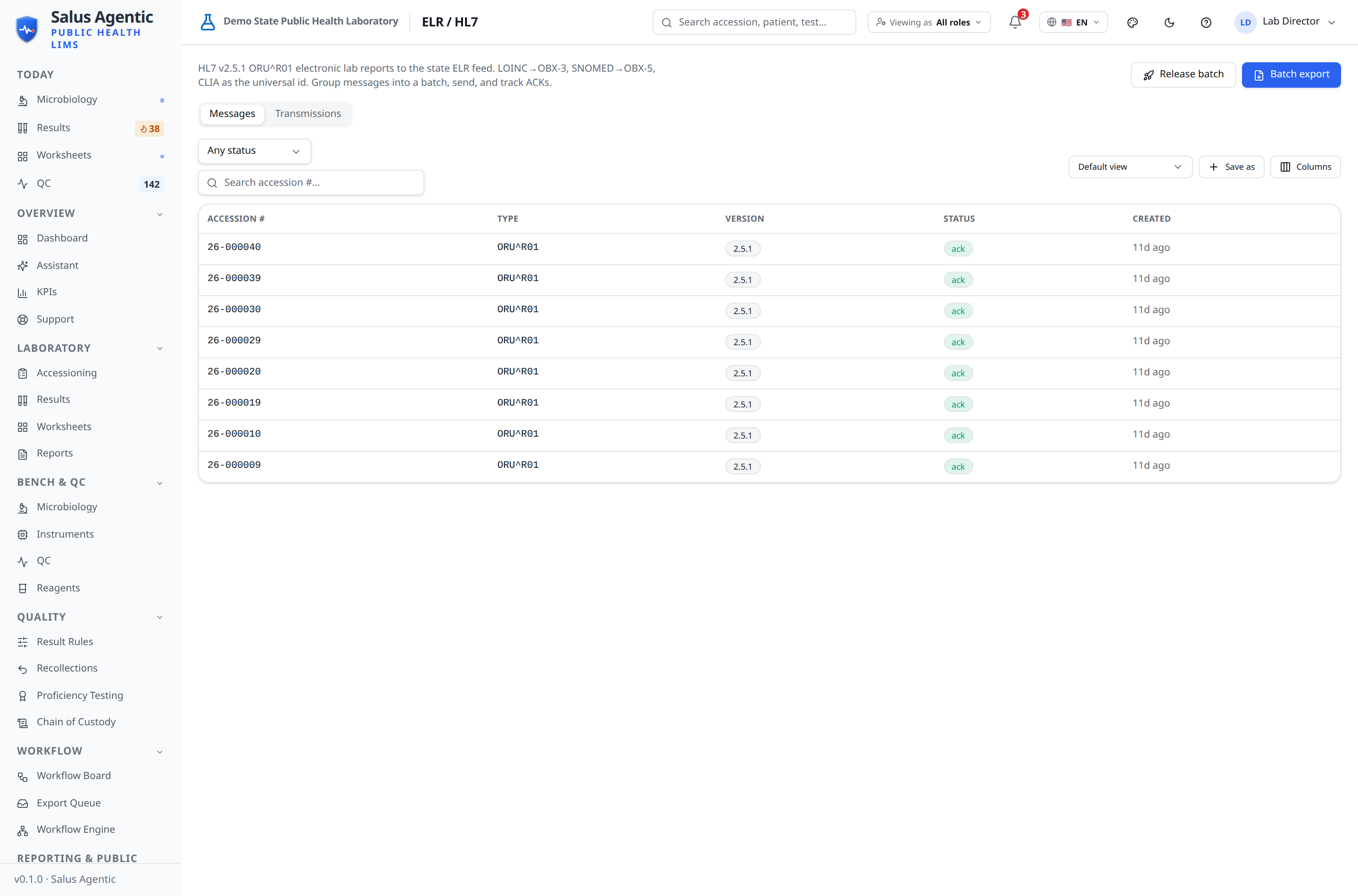Salus ELR / HL7 message worklist